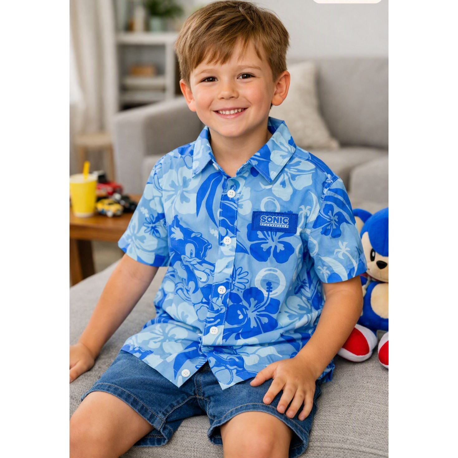 Sonic The Hedgehog Hawaiian Buttonup Shirt Size 6/7 Blue Tropical Print